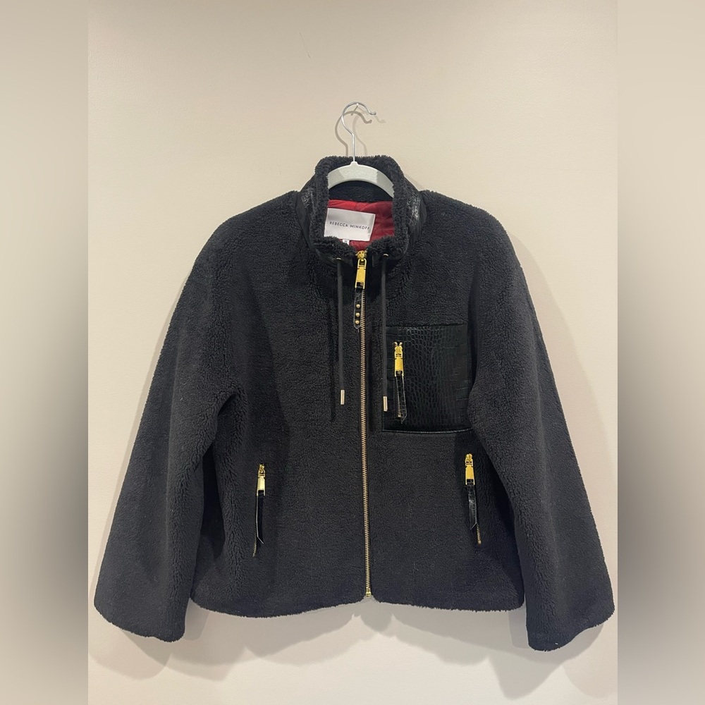 NWT•Rebecca Minkoff•Black Teddy Leather Trim Faux Fur Bomber Jacket•Size Medium